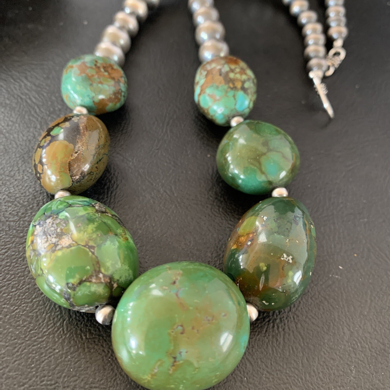Chunky Navajo Spider Web Green Turquoise Sterling Silver Necklace 20" 11762