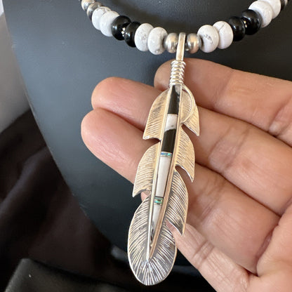 Feather White Buffalo Turquoise Opal Pendant Sterling Silver Necklace 21” 18670