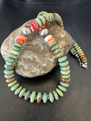Green Turquoise Spiny Oyster Navajo Pearls Necklace | Sterling Silver | Authentic Native American Handmade | 18318