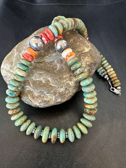 Green Turquoise Spiny Oyster Navajo Pearls Sterling Silver Necklace 18318