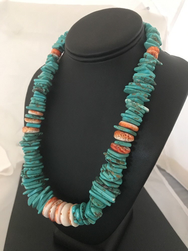 Turquoise Spiny Oyster Nugget Sterling Silver Necklace 21" 03325