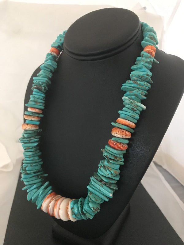 Turquoise Spiny Oyster Nugget Necklace 21" | Sterling Silver | Authentic Native American Handmade | 03325