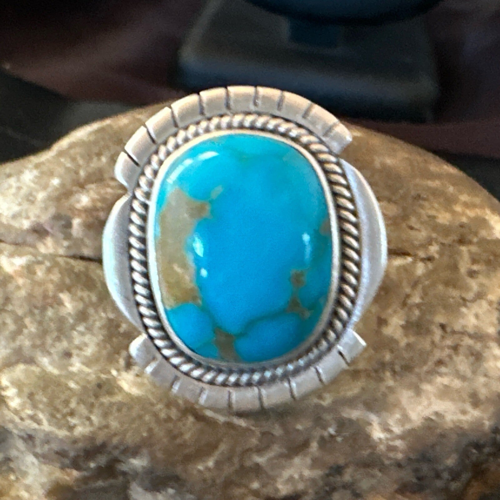 Blue Kingman Turquoise Navajo Sterling Silver Adjustable Ring Size 7 18824