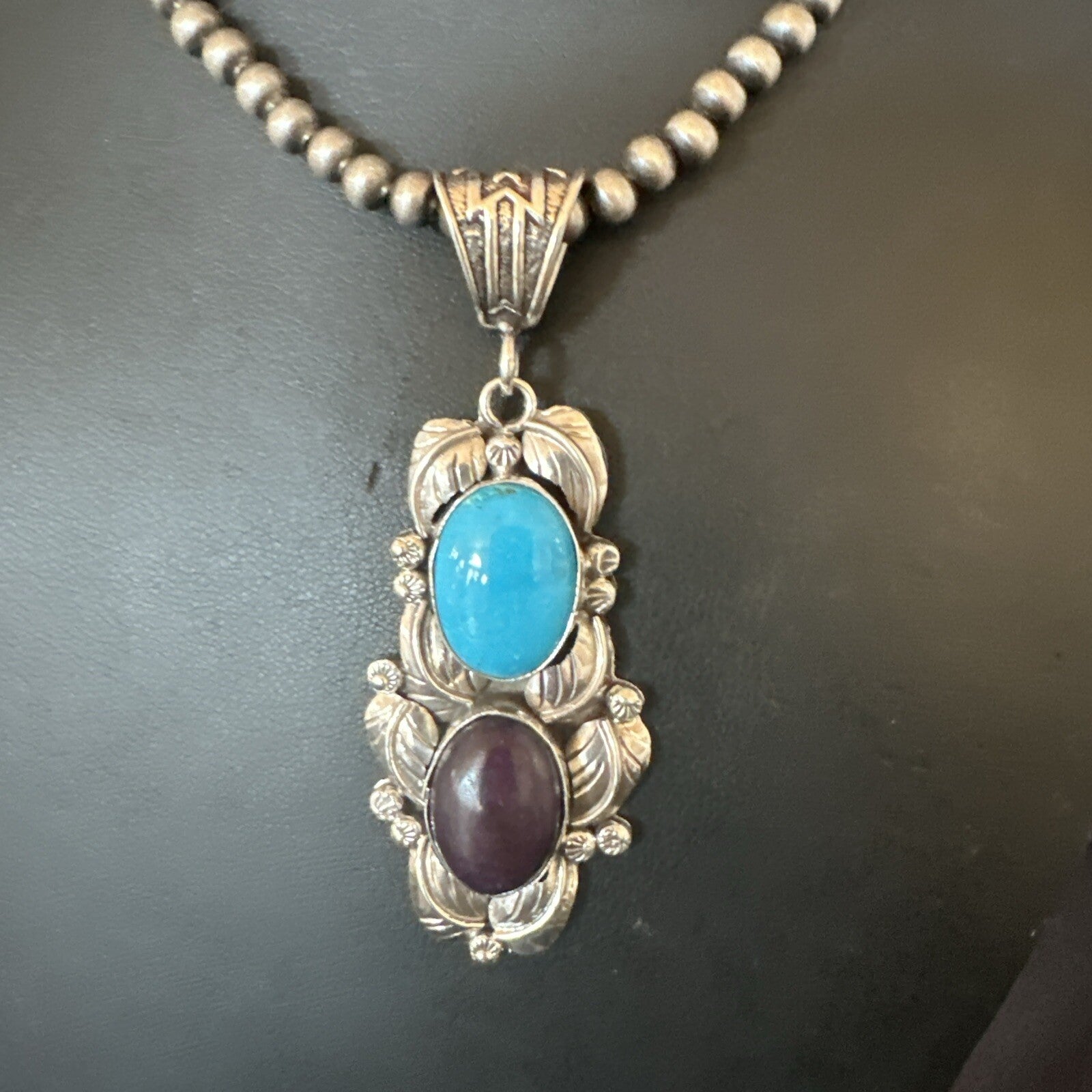 Blue Kingman Turquoise  Purple Stone Pendant Navajo Sterling Silver 18039