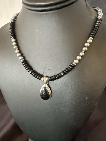 Mens Womens Black Onyx Pendant Navajo Sterling Silver Beads Necklace 18333
