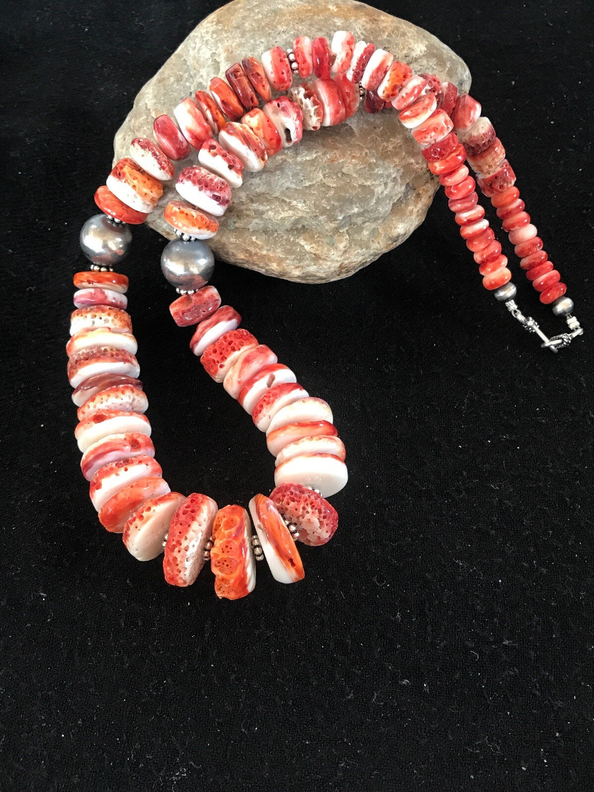 Native American Red Spiny Oyster Navajo Sterling Silver Necklace 08484