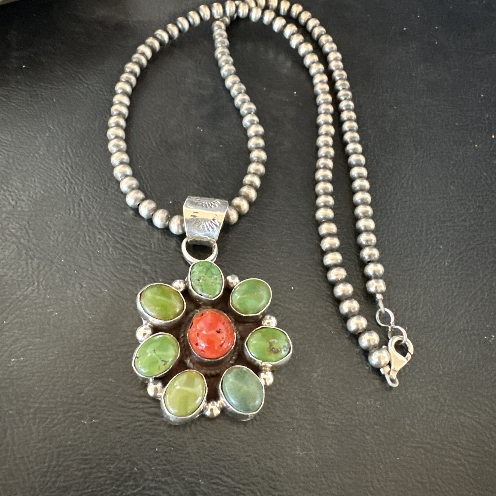Navajo Sterling Cluster Red Turquoise Pendant Necklace 17711