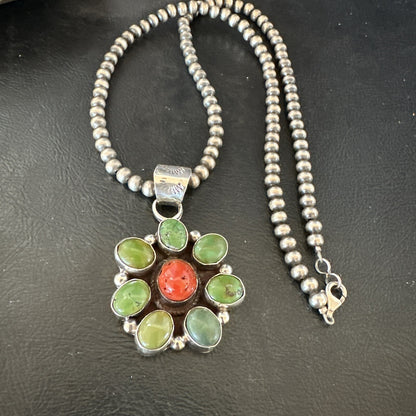 Navajo Sterling Cluster Red Turquoise Pendant Necklace 17711