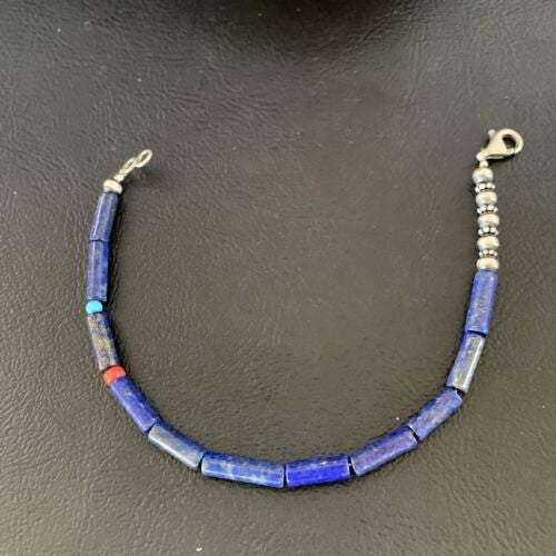 Navajo Lapis Turquoise Coral Beaded Bracelet Sterling Silver 7" 13117