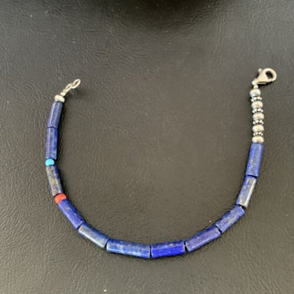 Navajo Lapis Turquoise Coral Beaded Bracelet Sterling Silver 7" 13117