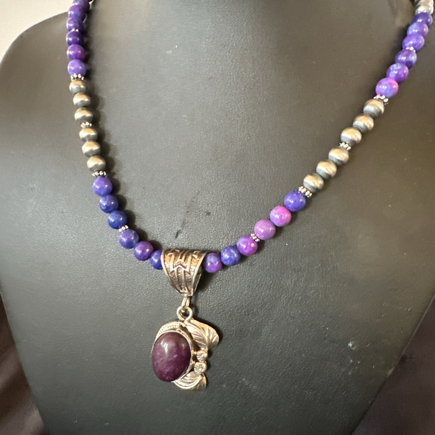Purple Stone Pendant Navajo Pearls Sterling Silver Necklace 18389