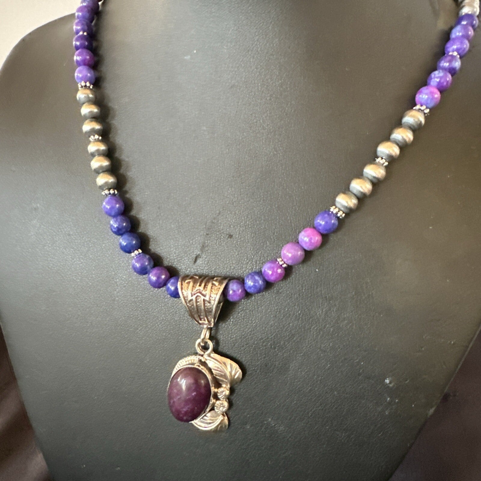 Purple Stone Pendant Navajo Pearls Sterling Silver Necklace 18389