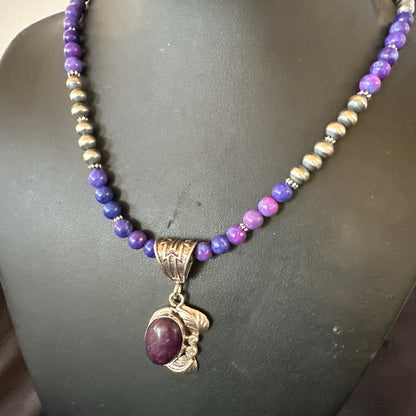 Purple Stone Pendant Navajo Pearls Sterling Silver Necklace 18389