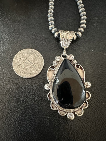 Black Onyx Pendant Navajo Pearls Sterling Silver Necklace 19384