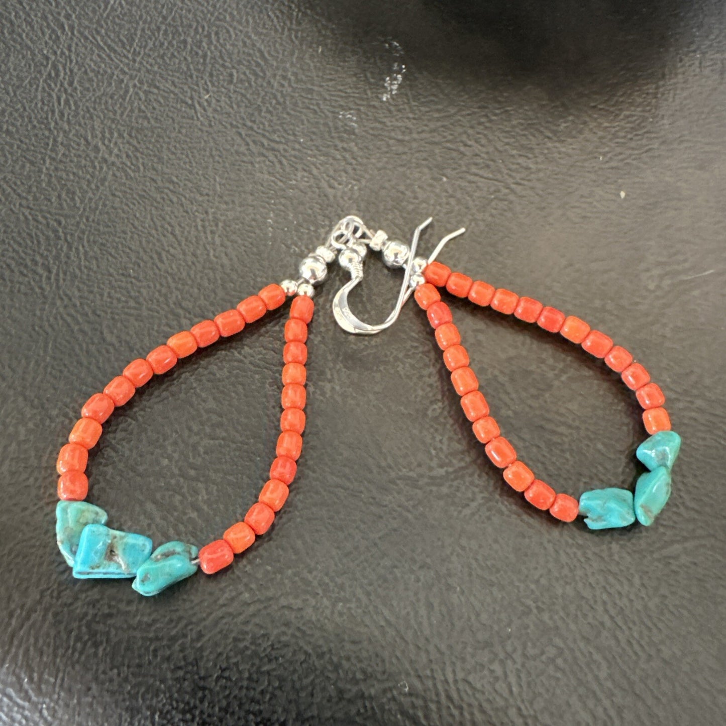 Blue Turquoise Coral Navajo Sterling Silver Earrings 2” 18833