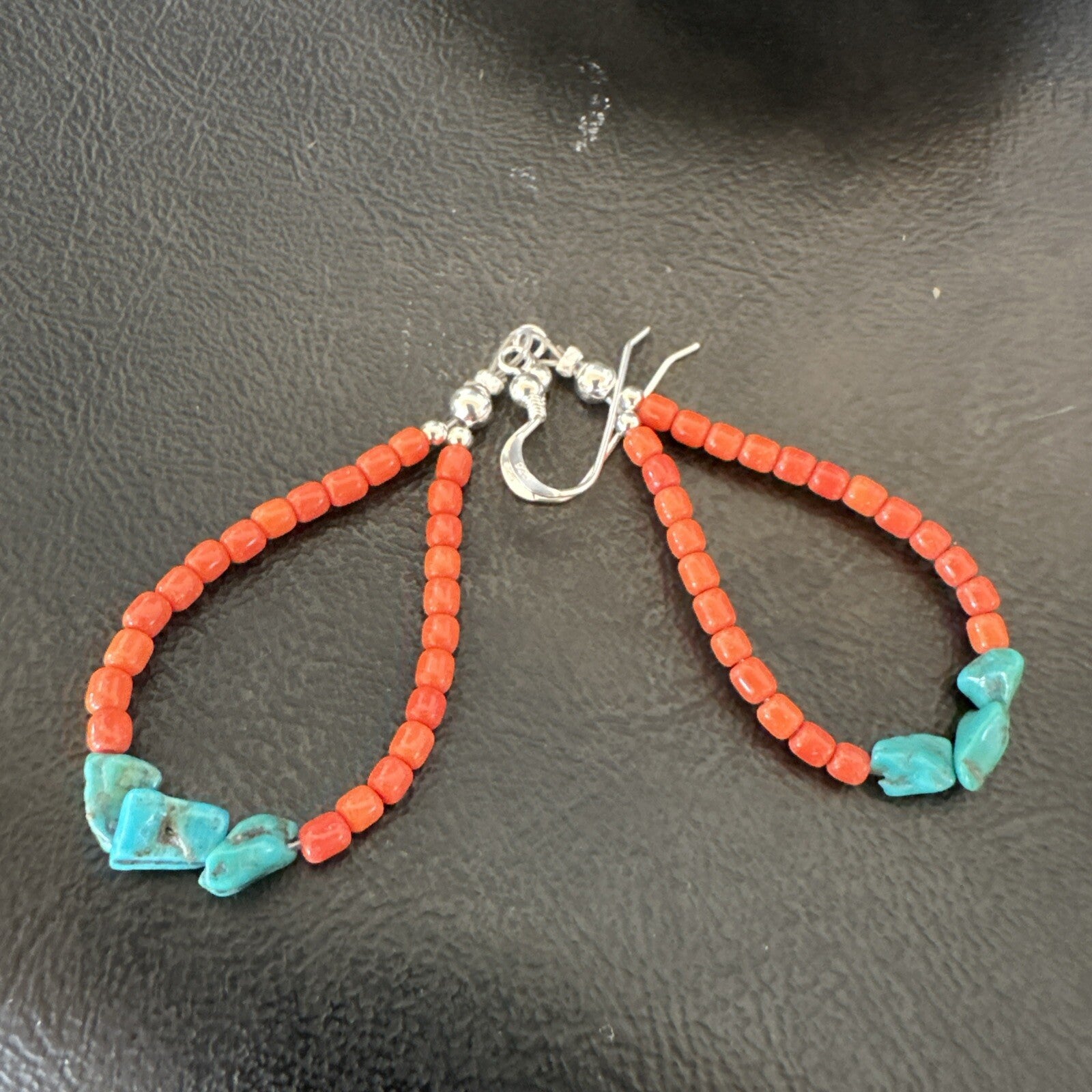 Blue Turquoise Coral Navajo Sterling Silver Earrings 2” 18833