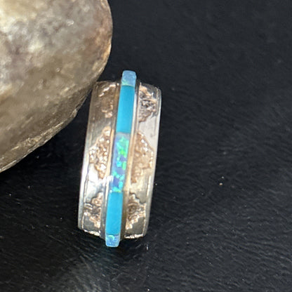 Turquoise & Opal Inlay Navajo Sterling Silver Eternity Band Ring Size 8 14542