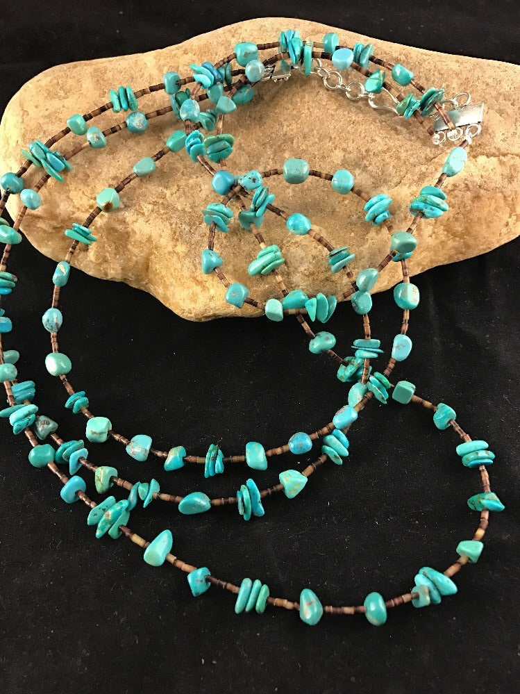Native American Sterling Silver Nugget Turquoise Shell Necklace 3S 10088