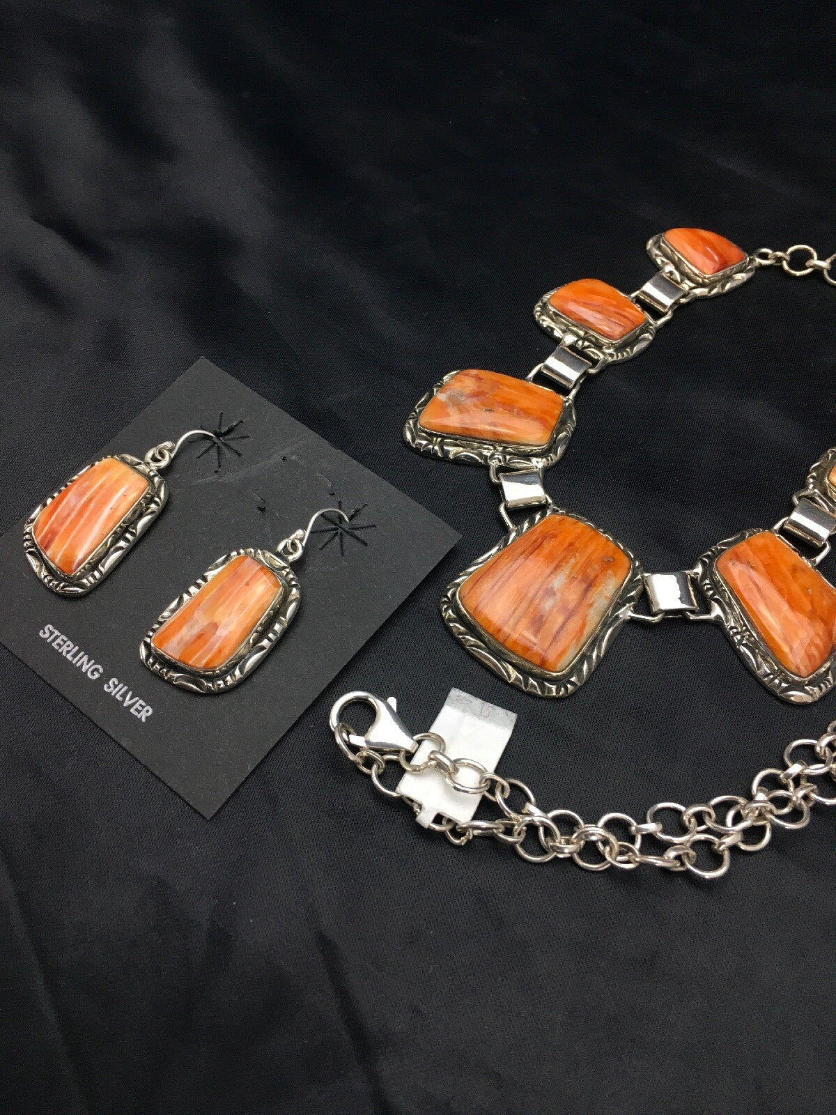 Orange Spiny Oyster Navajo Sterling Silver Necklace & Earring Set 02691