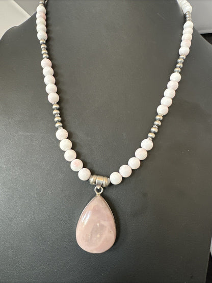 Southwestern Sterling Silver Pink Queen Conch Bead Necklace Pendant 20" 19583