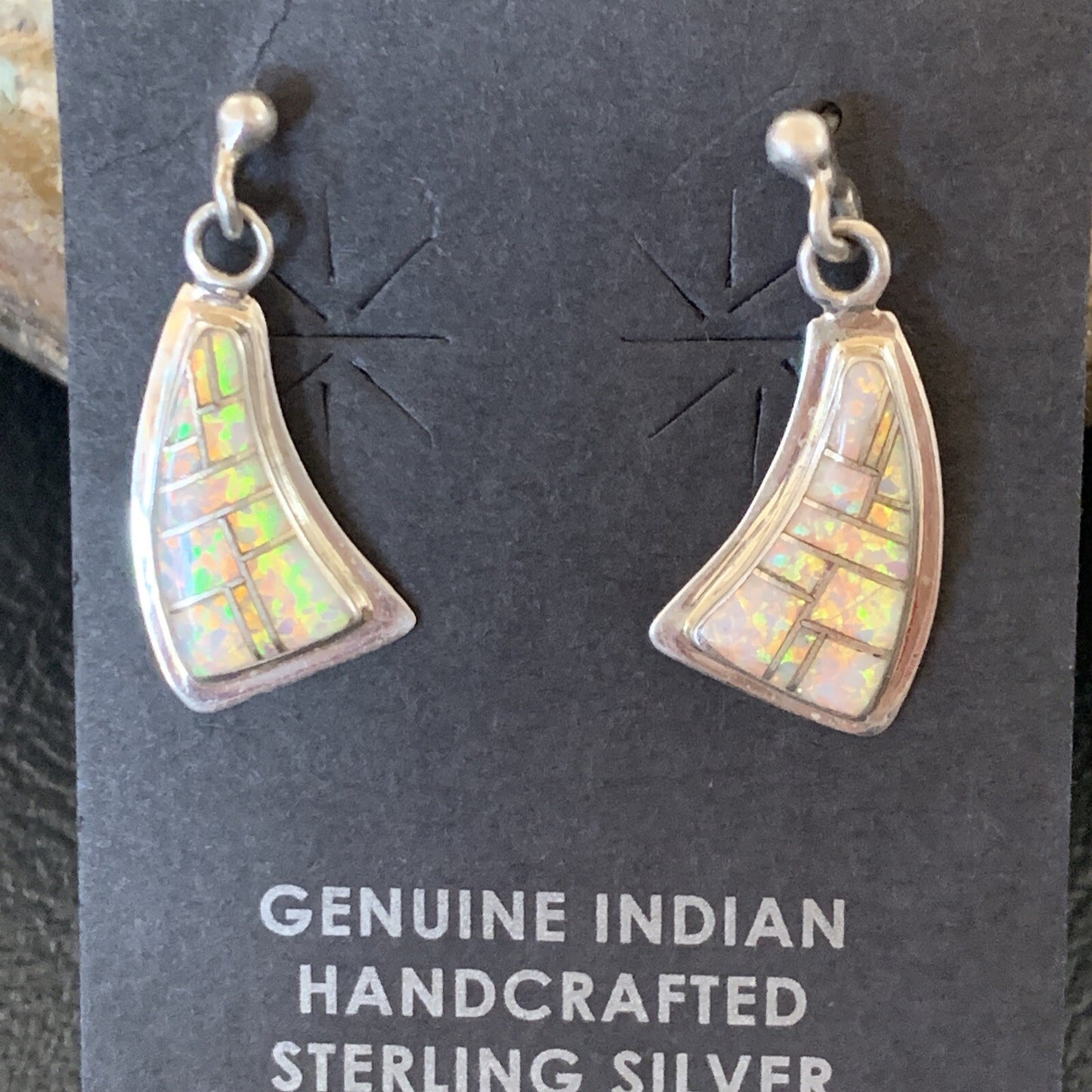 Womens White Opal Inlay Navajo Sterling Silver Dangle Post Earrings 12771
