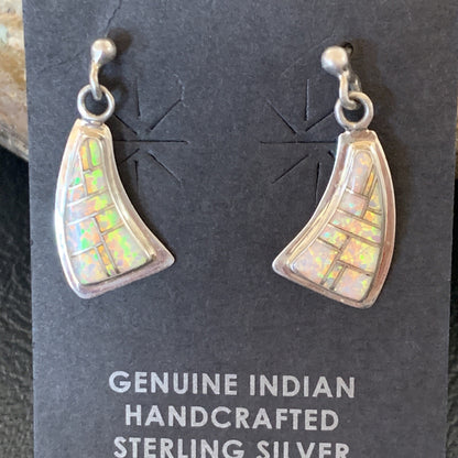 Womens White Opal Inlay Navajo Sterling Silver Dangle Post Earrings 12771
