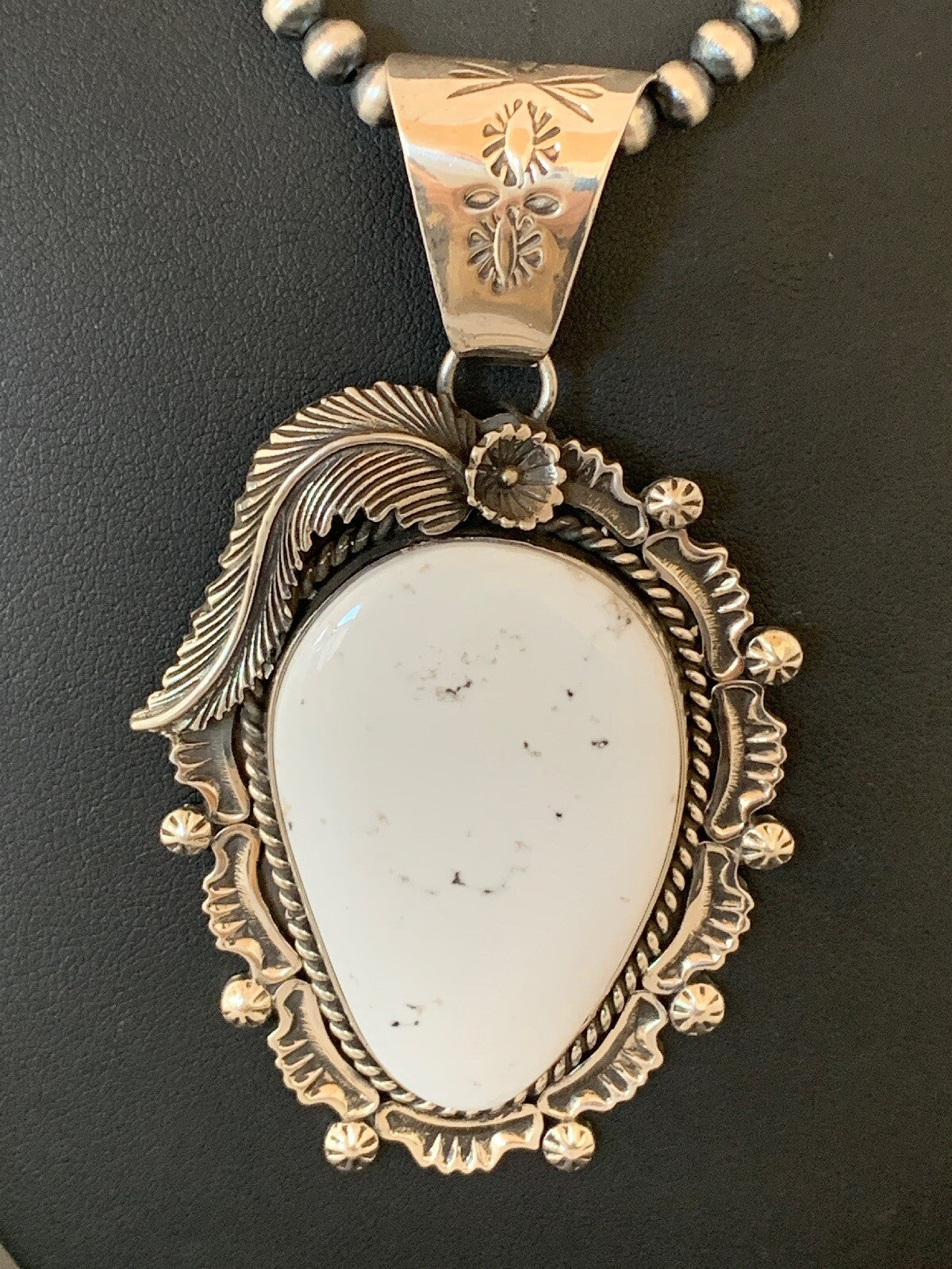 Mens White Buffalo Turquoise Pendant Navajo Sterling Silver Necklace 04238
