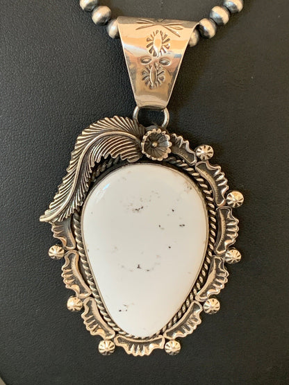 Mens White Buffalo Turquoise Pendant Navajo Sterling Silver Necklace 04238