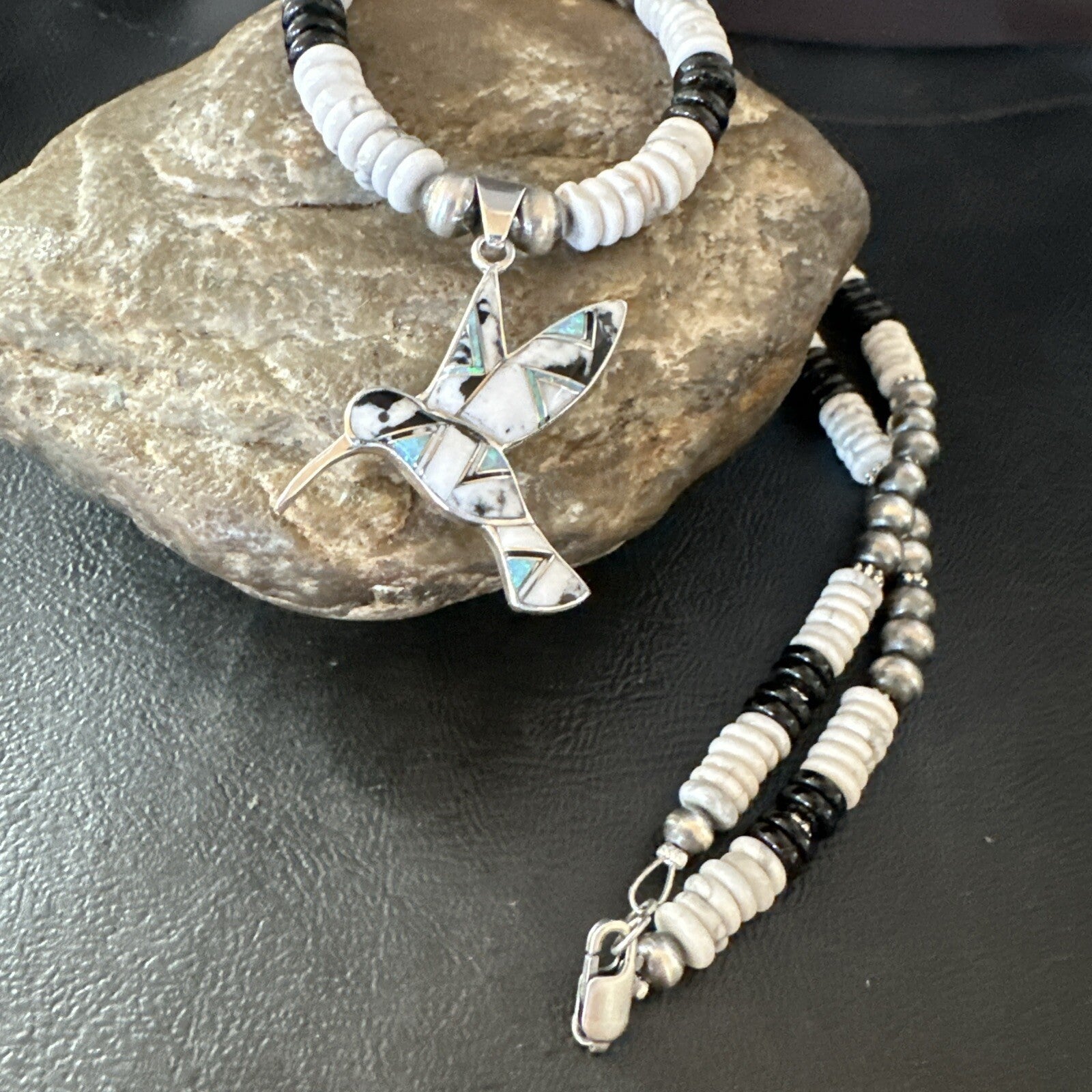 HummingBird White Buffalo Pendant Howlite Sterling Silver Necklace 18727