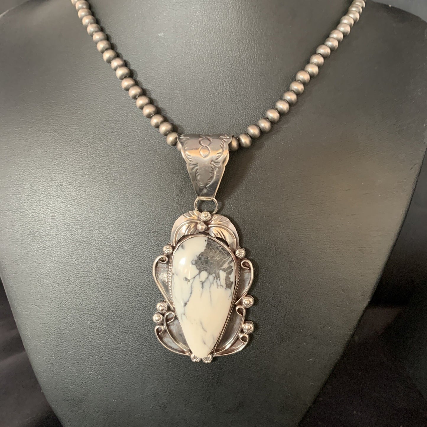 White Buffalo Turquoise Pendant Necklace Sterling Silver Navajo 13994