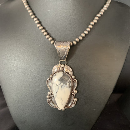 White Buffalo Turquoise Pendant Necklace Sterling Silver Navajo 13994