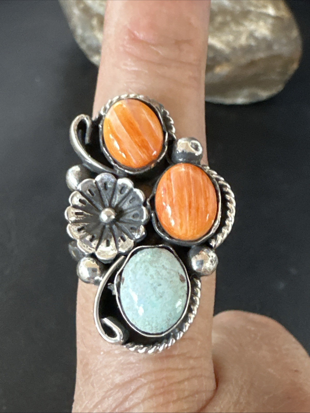 Multicolor Ring Turquoise Spiny Navajo Sterling Silver Cluster Size 8.5 19188