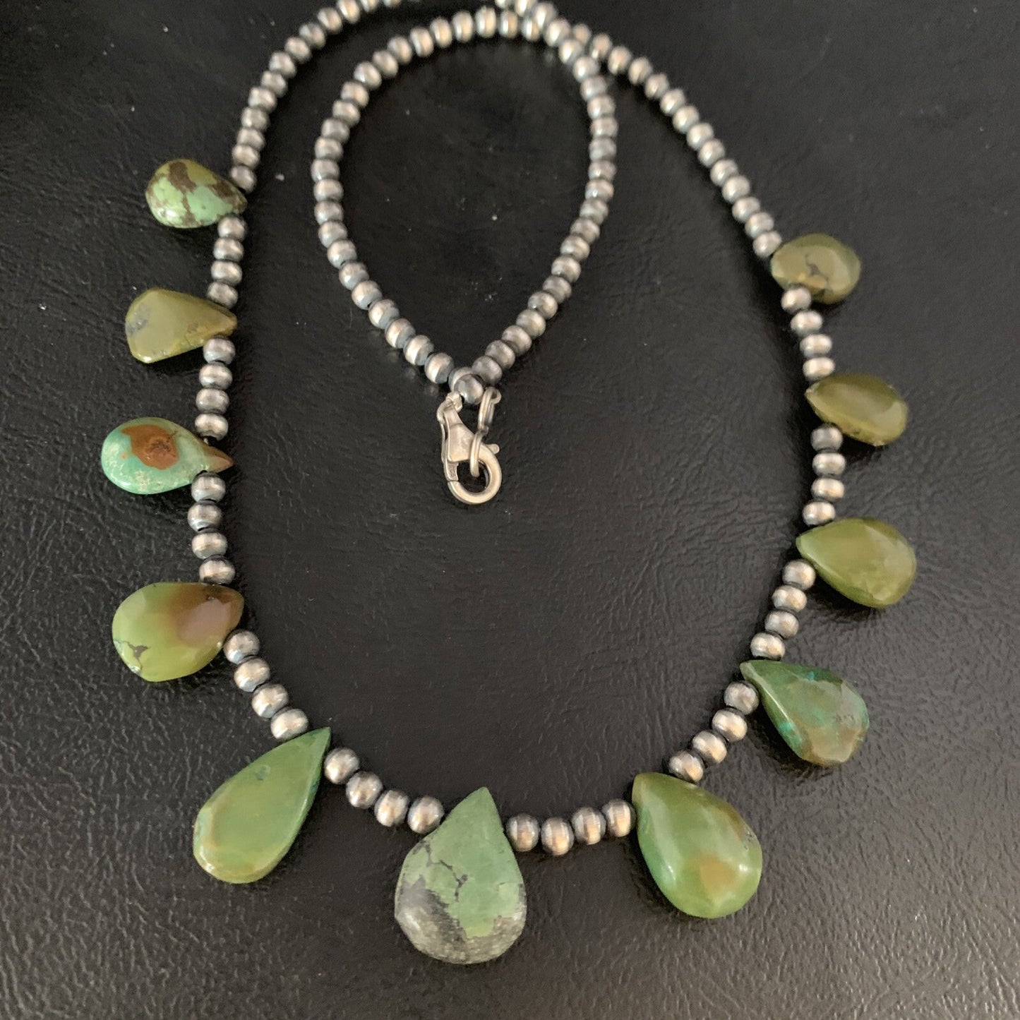 Teardrop Sterling Silver Beads Green Turquoise Necklace 20" 13508