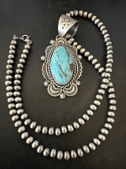 Mens Womens Blue Turquoise Pendant Sterling Silver Beads Sterling Necklace 18649