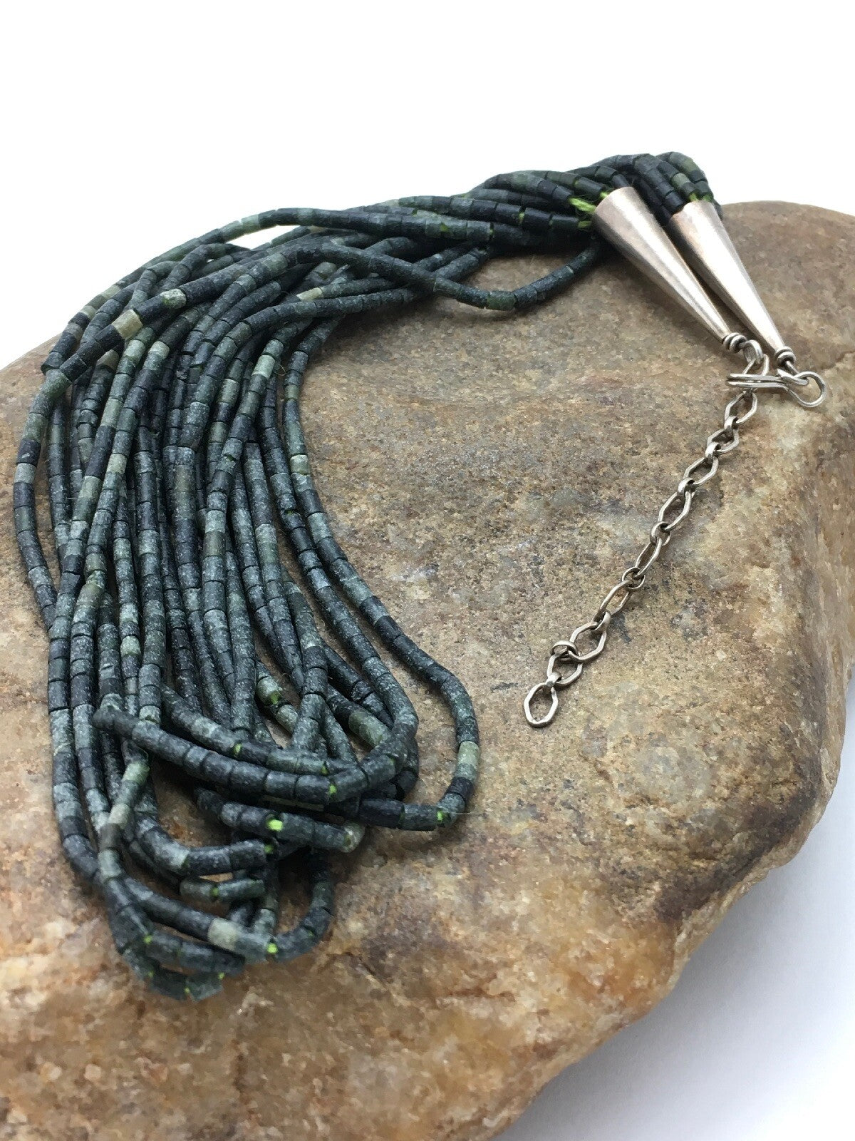 Southwestern Green Agate Heishi 10 Strand Sterling Silver Necklace 16" 04351