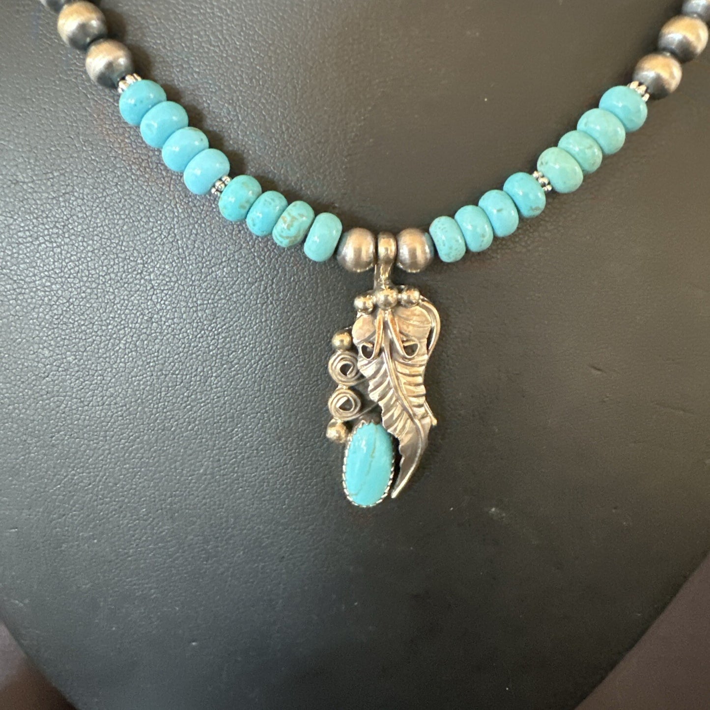 Mens Feather Turquoise Pendant Navajo Sterling Silver Necklace 18061