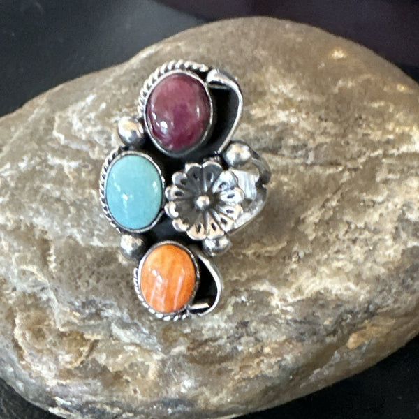 Multicolor Ring Turquoise Spiny Navajo Cluster Size 8.5 | Sterling Silver | Authentic Native American Handmade | 19166