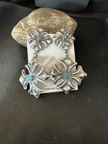Womens Stamped Blue Turquoise Dangle Earrings Navajo Sterling Silver 19784