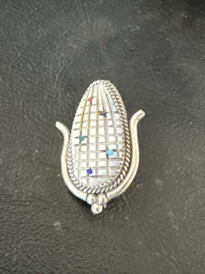 CORN INLAY Turquoise White MOP Spiny Zuni Sterling Silver Pin Pendant 17849