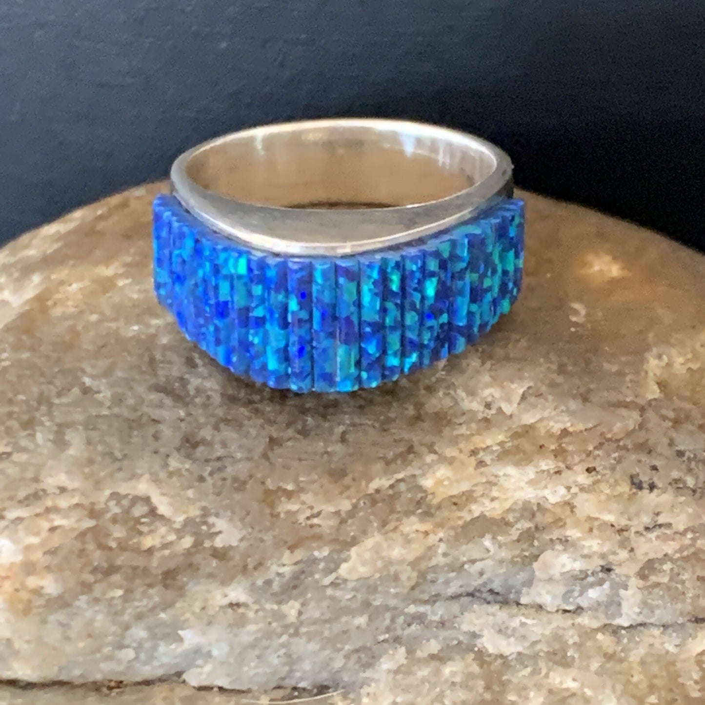 Blue Opal Navajo Sterling Silver Band Inlay Ring Size 9 18798