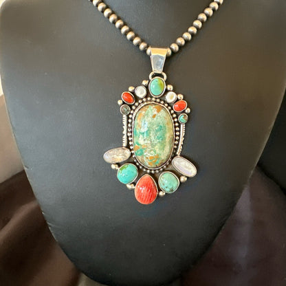 XL Royston Turquoise Spiny Cluster Pendant Navajo Sterling Silver Necklace 18750