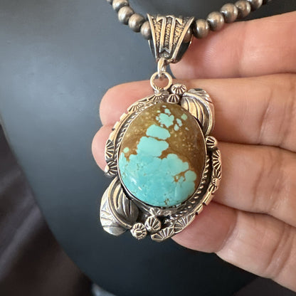 Mens Blue Turquoise#8 Pendant Navajo Sterling Silver Necklace 18085