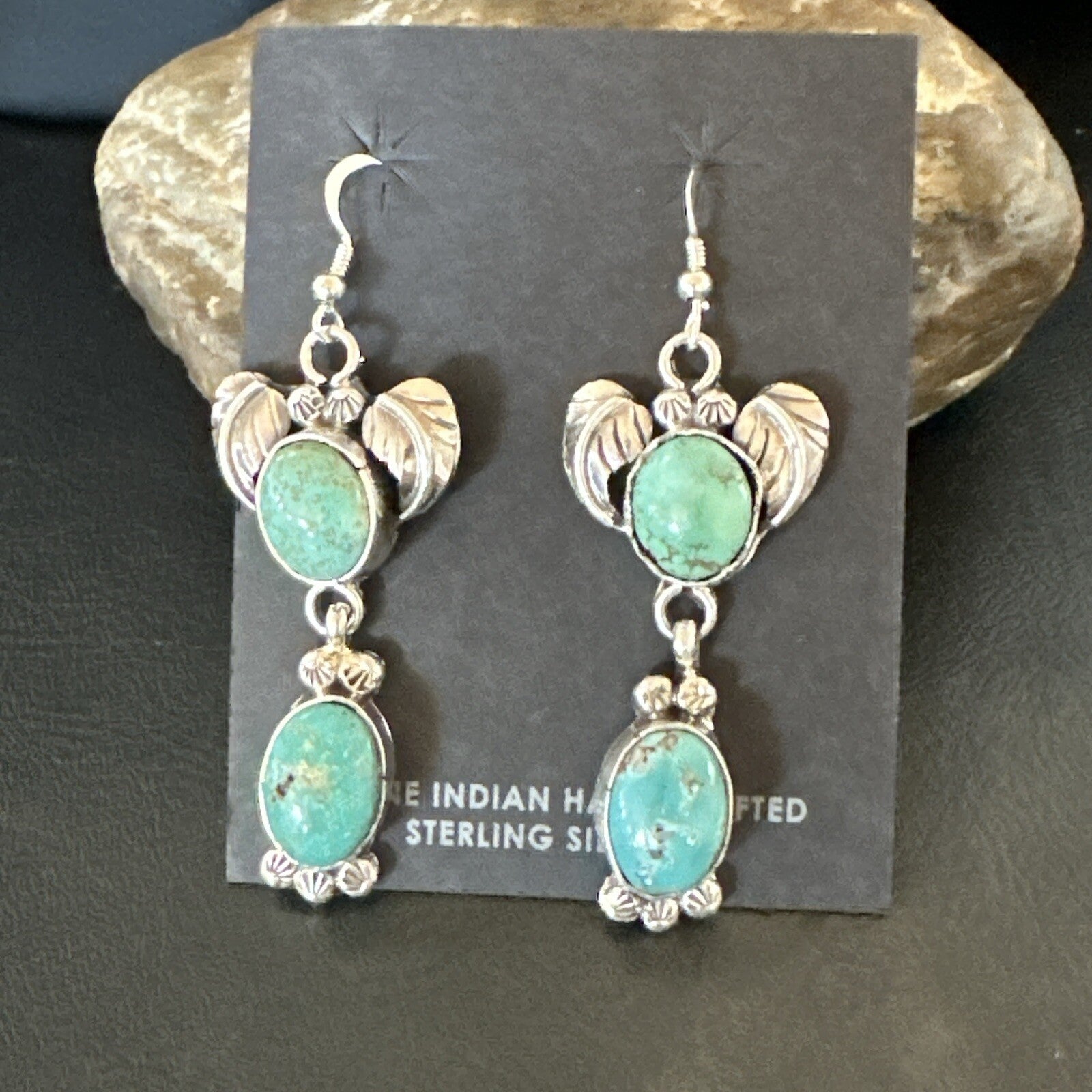 Navajo Green Turquoise Sterling Silver Dangle Earrings 2” 18044