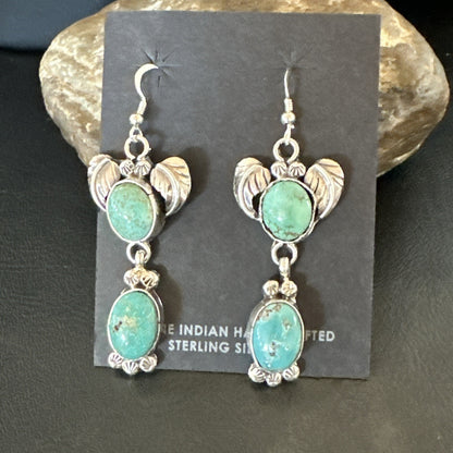 Navajo Green Turquoise Sterling Silver Dangle Earrings 2” 18044