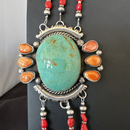 XL Statement Green Turquoise Spiny Navajo 3S Sterling Silver Necklace 34” 19675