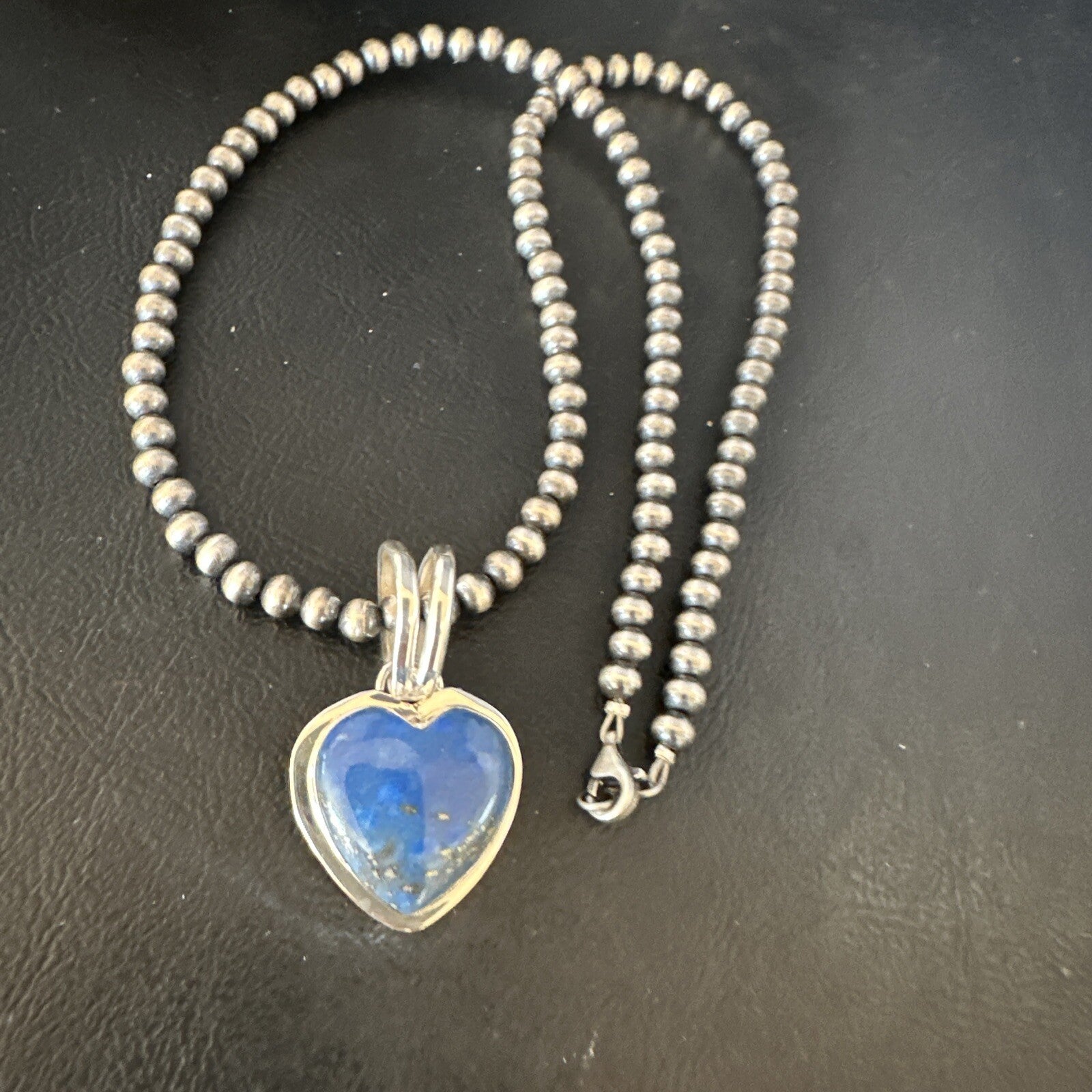 Blue Heart Lapis Pendant Navajo Sterling Silver Beads Necklace 15018