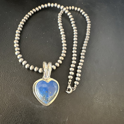 Blue Heart Lapis Pendant Navajo Sterling Silver Beads Necklace 15018