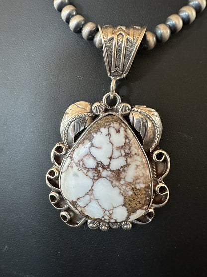 Navajo Pearls Sterling Silver Wild Crazy Horse Turquoise Necklace Pendant 19390