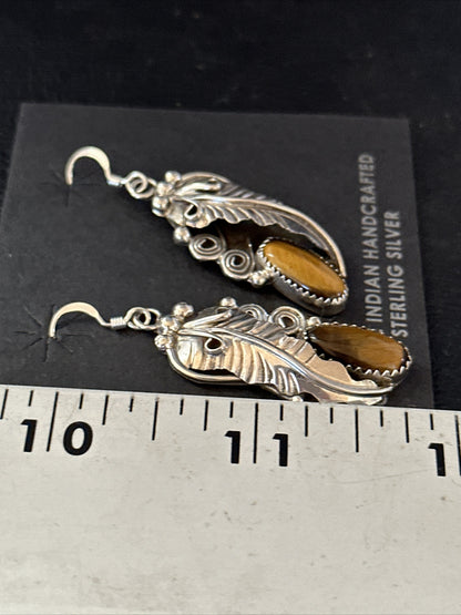 Coffee Tiger's Eye Navajo Sterling Silver Dangle Earrings 14759
