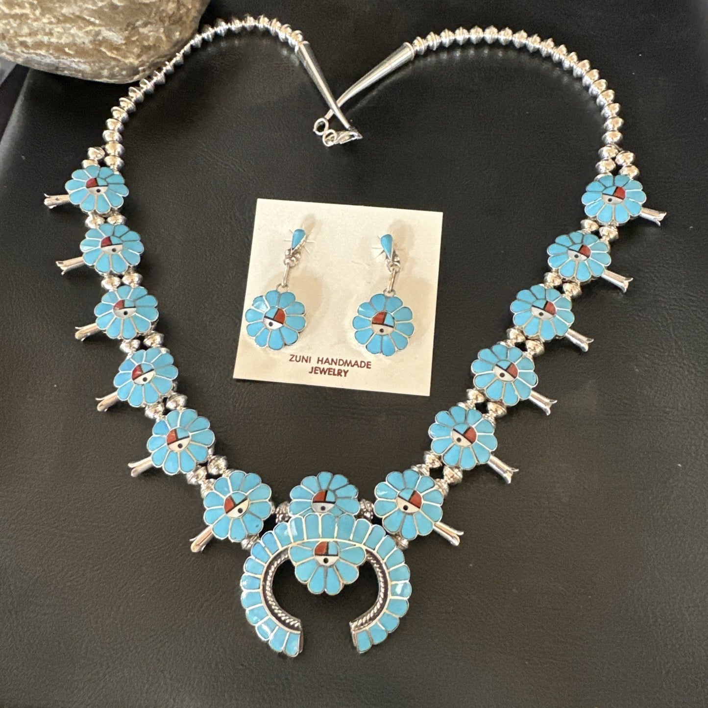 Old Pawn Sunface Turquoise Zuni Sterling Silver Squash Necklace Earrings 19289